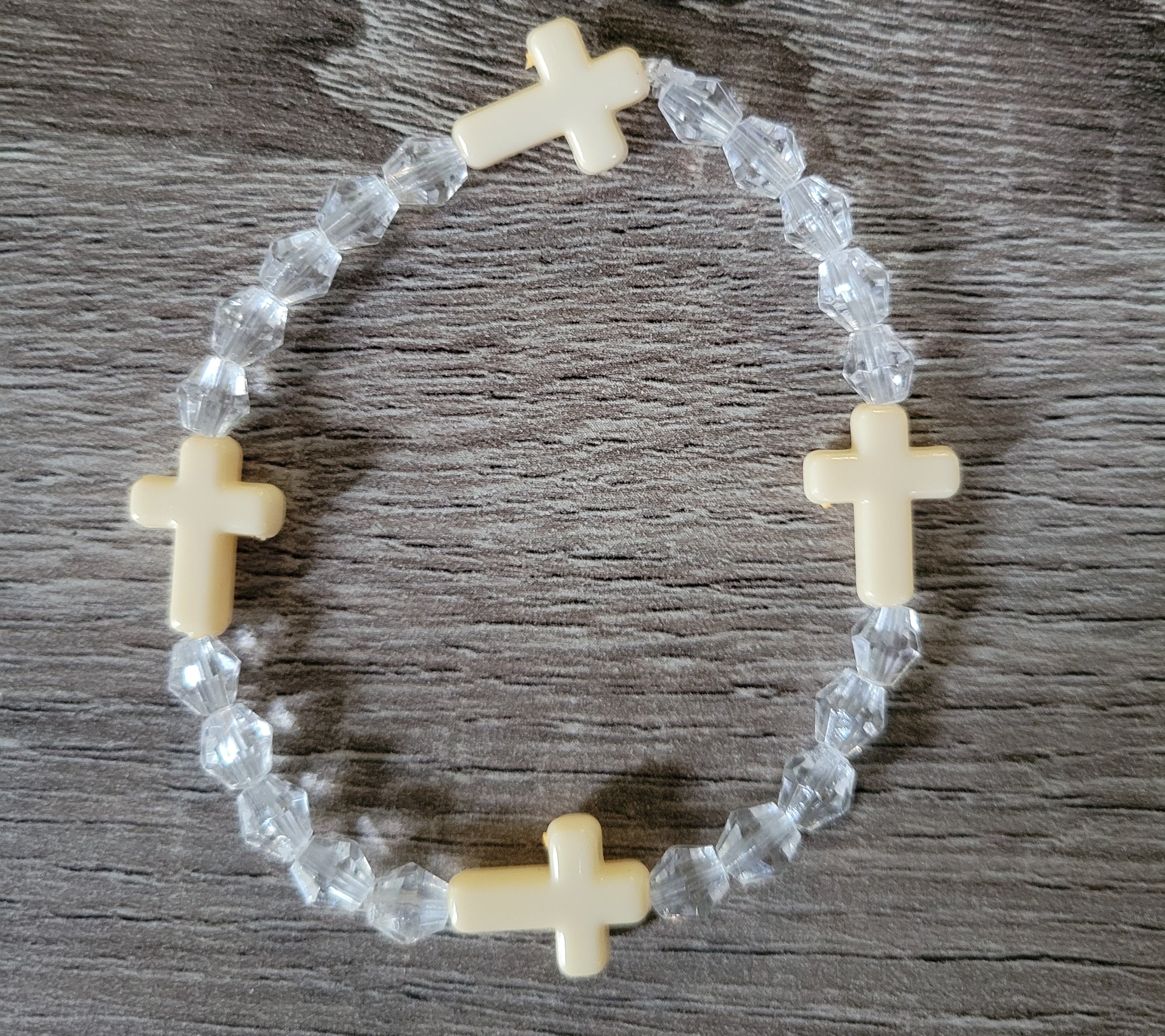 CLEAR & CREAM CRYSTAL CROSS BRACELET